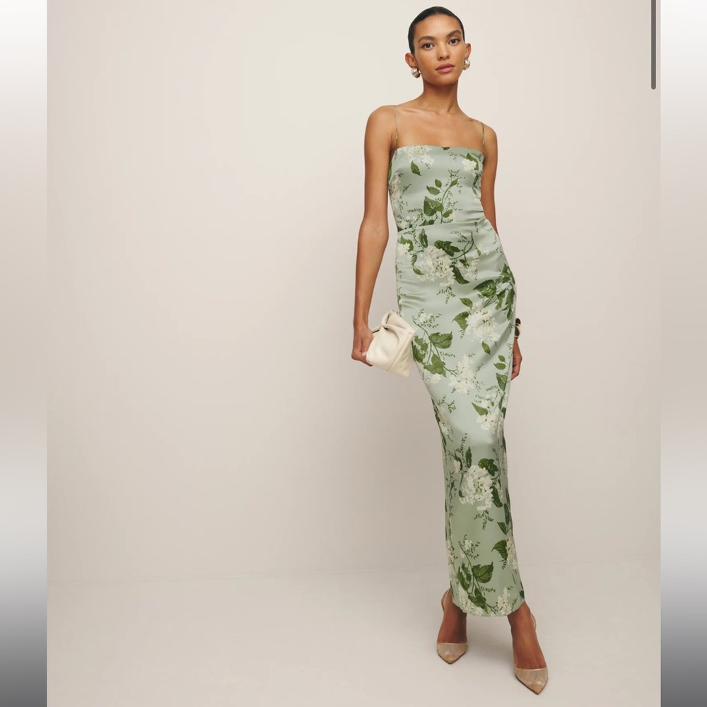 Reformation Frankie Silk Dress in Tea Garden New with Tags